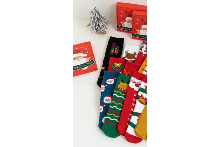Representative commercial sample visual for Custom Christmas Coral Fleece Crew Socks SKU 734 in the DK Marketplace.